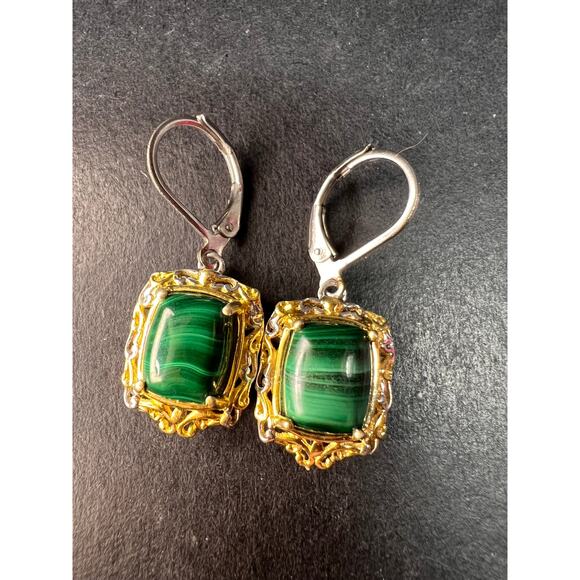 New Karis Platinum & 18K Gold Plated Malachite Leverback Earrings - Picture 2 of 9